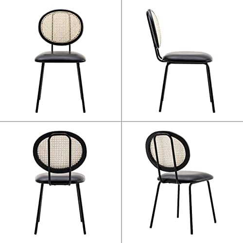 Set of 2  Modern Boho Faux Leather Dining Chairs | Rattan Backrest with Unique Bentwood Design | Stylish Upholstered Chairs for Dining Room, Coffee Bar, and More | Black