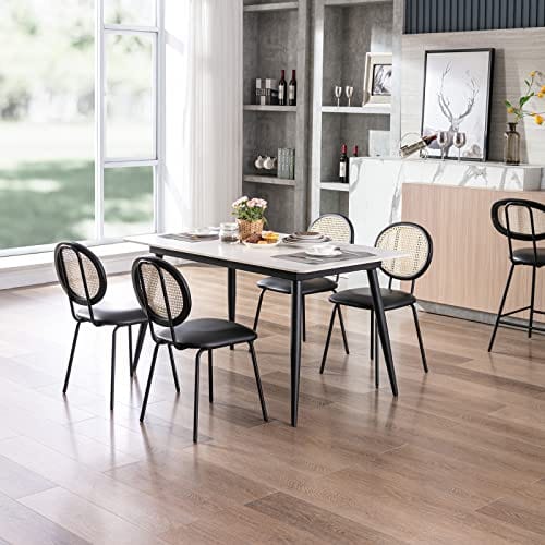 Set of 2  Modern Boho Faux Leather Dining Chairs | Rattan Backrest with Unique Bentwood Design | Stylish Upholstered Chairs for Dining Room, Coffee Bar, and More | Black