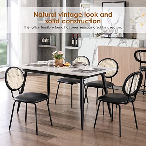 Set of 2  Modern Boho Faux Leather Dining Chairs | Rattan Backrest with Unique Bentwood Design | Stylish Upholstered Chairs for Dining Room, Coffee Bar, and More | Black