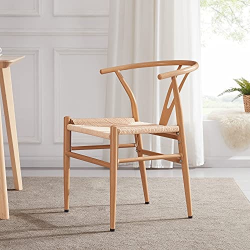 Set of 2 Natural Kitchen Dining Room Chairs - Mid-Century Metal Backrest - Wishbone Design - Sorrento (Natural)