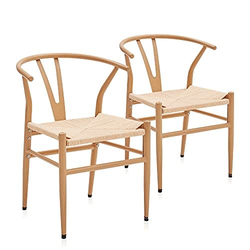 Set of 2 Natural Kitchen Dining Room Chairs - Mid-Century Metal Backrest - Wishbone Design - Sorrento (Natural)