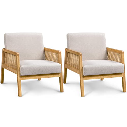 Set of 2 Rattan Accent Chair - Mid Century Modern Design, Wood Armrest and Legs, Beige Linen Upholstery