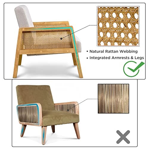 Set of 2 Rattan Accent Chair - Mid Century Modern Design, Wood Armrest and Legs, Beige Linen Upholstery