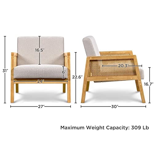 Set of 2 Rattan Accent Chair - Mid Century Modern Design, Wood Armrest and Legs, Beige Linen Upholstery