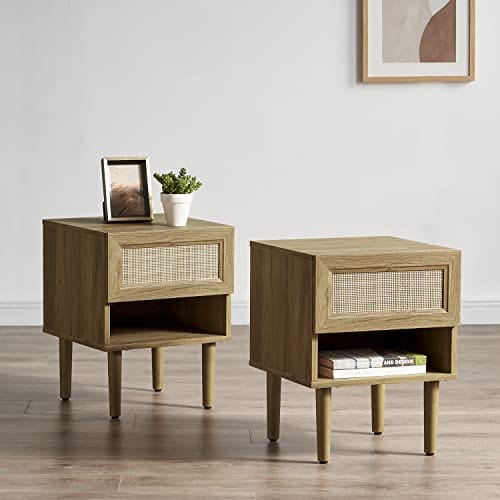 Set of 2 Rattan Side Table Nightstand: Modern Boho Design, Perfect for Living Room & Bedroom - Natural Oak