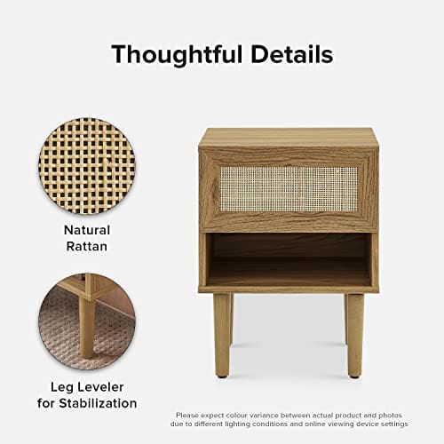 Set of 2 Rattan Side Table Nightstand: Modern Boho Design, Perfect for Living Room & Bedroom - Natural Oak