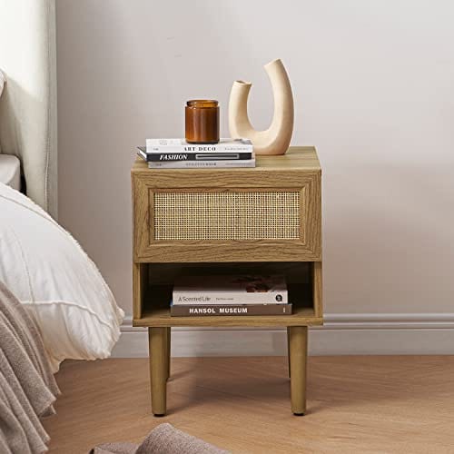 Set of 2 Rattan Side Table Nightstand: Modern Boho Design, Perfect for Living Room & Bedroom - Natural Oak