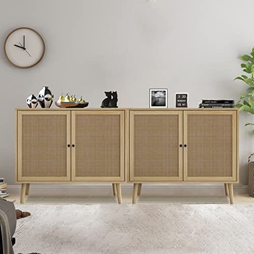 Set of 2 Rattan Sideboard Buffet Cabinet - Accent Kitchen Storage Cabinet Console Table with Adjustable Shelves - Natural