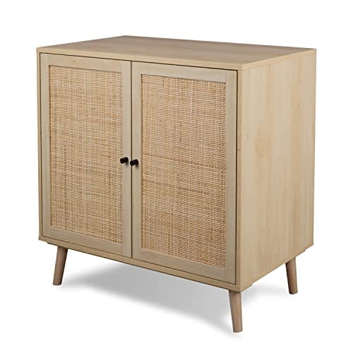 Set of 2 Rattan Sideboard Buffet Cabinet - Accent Kitchen Storage Cabinet Console Table with Adjustable Shelves - Natural