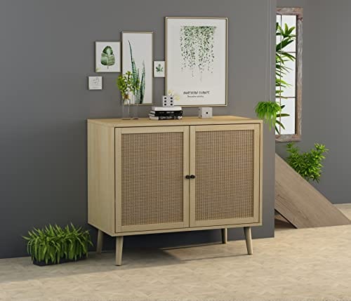 Set of 2 Rattan Sideboard Buffet Cabinet - Accent Kitchen Storage Cabinet Console Table with Adjustable Shelves - Natural