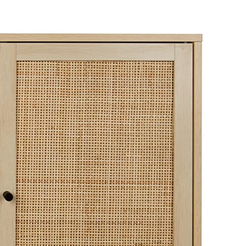 Set of 2 Rattan Sideboard Buffet Cabinet - Accent Kitchen Storage Cabinet Console Table with Adjustable Shelves - Natural