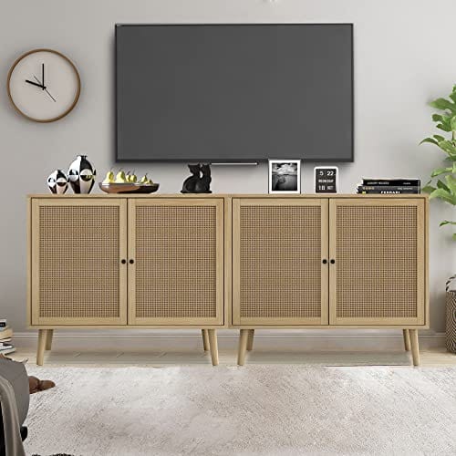 Set of 2 Rattan Sideboard Buffet Cabinet - Accent Kitchen Storage Cabinet Console Table with Adjustable Shelves - Natural