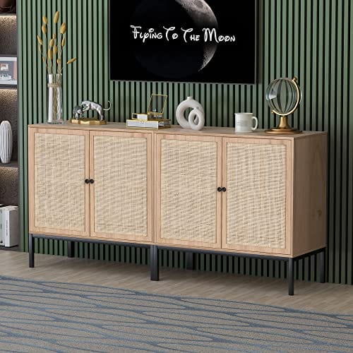 Set of 2 Sideboard Storage Cabinet with Handmade Natural Rattan Doors, Accent Cabinet Rattan Cabinet Buffet Cabinet with Storage, for Living Room, Dining Room, Entryway, Kitchen, Nature 2
