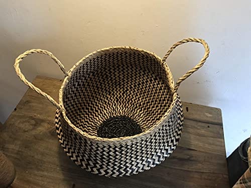 Set of 3 Handwoven Seagrass Storage Basket - Stunning Black Zigzag Design - Multipurpose Organizer