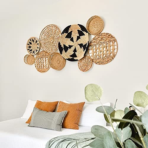Set of 3 Woven Wall Basket Decor - Hanging Seagrass Flat Baskets, Boho Natural Wall Art for Living Room or Bedroom, Unique and Chic Decor