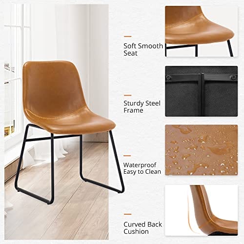 Set of 4 Faux Leather Kitchen Dining Chairs - Comfortable Farmhouse Style with Metal Legs, Modern Industrial Upholstered Chairs for Home, Bistro, Coffee Shop - Whiskey Brown, 18"