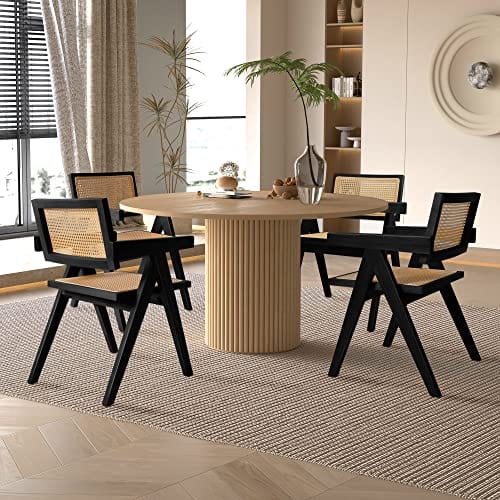 Set of 4 Rattan Dining Chairs - Breathable and Sturdy Kitchen Chairs for Dining Room - Black