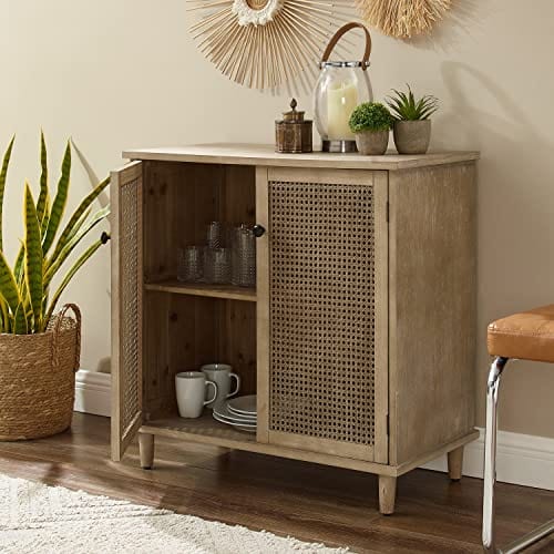 Storage Cabinet, Mid Century Modern Accent Cabinet with Rattan Woven Doors, Kitchen Buffet Sideboard with Adjustable Shelves, Antique Wood Finish