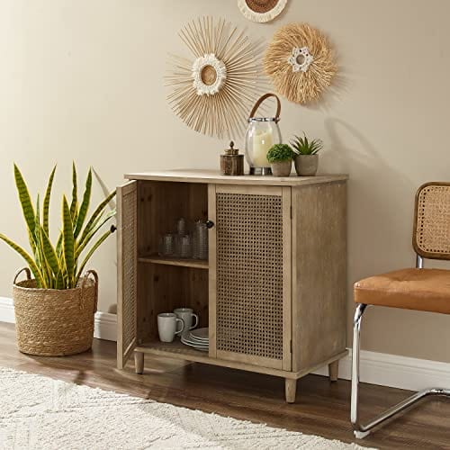 Storage Cabinet, Mid Century Modern Accent Cabinet with Rattan Woven Doors, Kitchen Buffet Sideboard with Adjustable Shelves, Antique Wood Finish