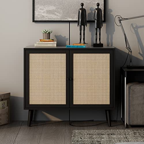 Stylish Black Rattan Sideboard Buffet Cabinet - Ample Storage for Living Room, Dining Room, and Bedroom