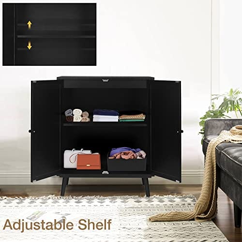 Stylish Black Rattan Sideboard Buffet Cabinet - Ample Storage for Living Room, Dining Room, and Bedroom