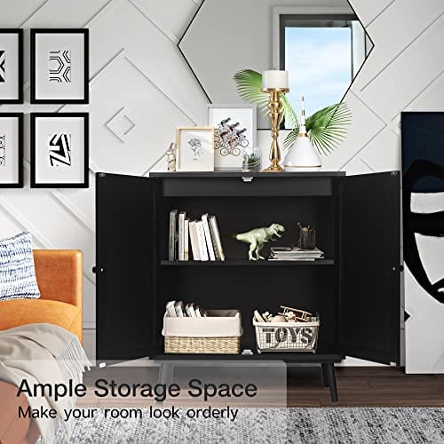 Stylish Black Rattan Sideboard Buffet Cabinet - Ample Storage for Living Room, Dining Room, and Bedroom