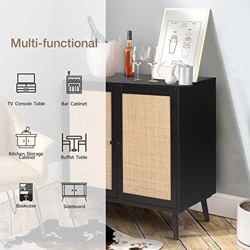 Stylish Black Rattan Sideboard Buffet Cabinet - Ample Storage for Living Room, Dining Room, and Bedroom