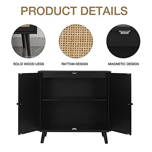 Stylish Black Rattan Sideboard Buffet Cabinet - Ample Storage for Living Room, Dining Room, and Bedroom