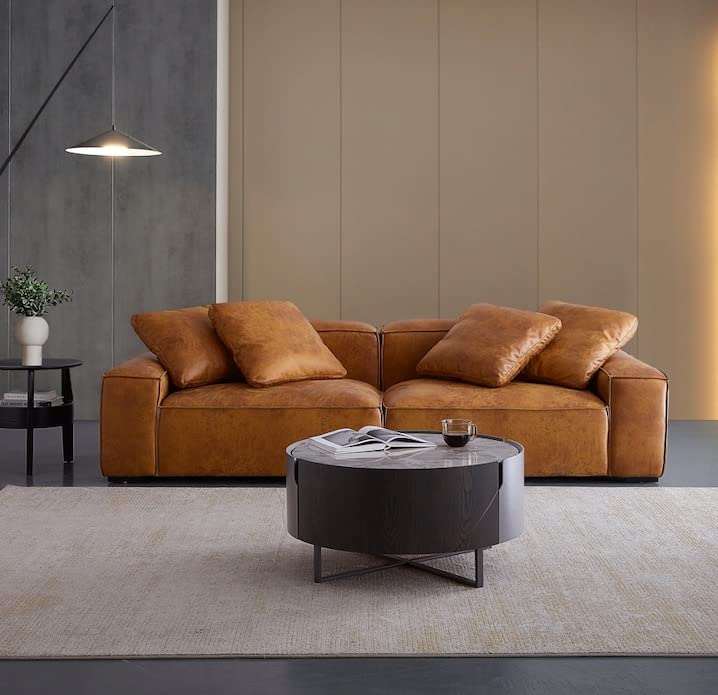 Tan Leather Loveseat Sofa with Ottoman, Convertible Sectional L-Shaped Couch for Living Room