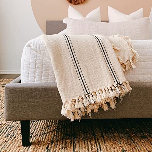 Turkish Cotton Throw Blanket with Black Stripes - Breathable Year-Round Home Decor Accent with Tassels