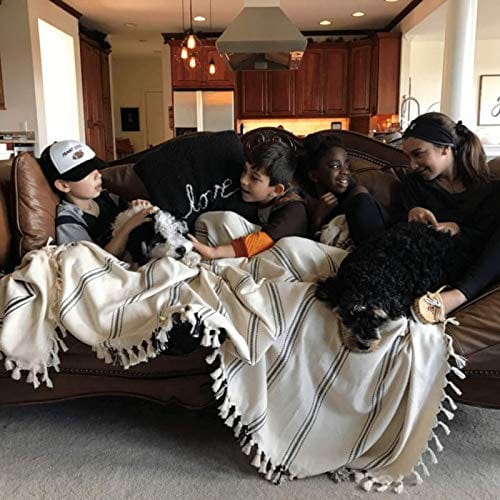 Turkish Cotton Throw Blanket with Black Stripes - Breathable Year-Round Home Decor Accent with Tassels