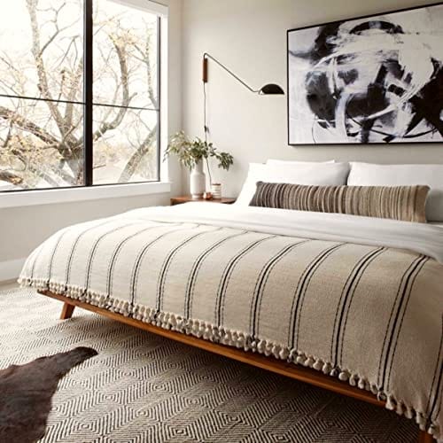 Turkish Cotton Throw Blanket with Black Stripes - Breathable Year-Round Home Decor Accent with Tassels