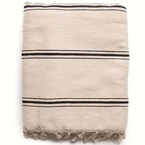 Turkish Cotton Throw Blanket with Black Stripes - Breathable Year-Round Home Decor Accent with Tassels
