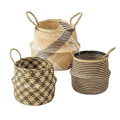 Woven Seagrass Plant Basket Set of 3 - Boho Wicker Belly Storage Baskets with Handles for Home Decor, Natural Nesting Storage Bins for Living Room, Bedroom, Bathroom or Laundry Room