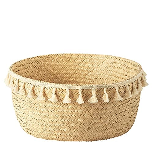 Woven Seagrass Plant Basket with Tassel Macrame - Natural Finish - Indoor Planter Pot with Plastic Liner and Handles - Eco-Friendly Storage