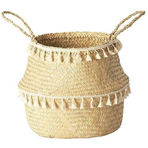 Woven Seagrass Plant Basket with Tassel Macrame - Natural Finish - Indoor Planter Pot with Plastic Liner and Handles - Eco-Friendly Storage