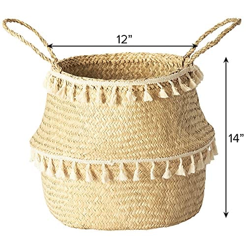 Woven Seagrass Plant Basket with Tassel Macrame - Natural Finish - Indoor Planter Pot with Plastic Liner and Handles - Eco-Friendly Storage