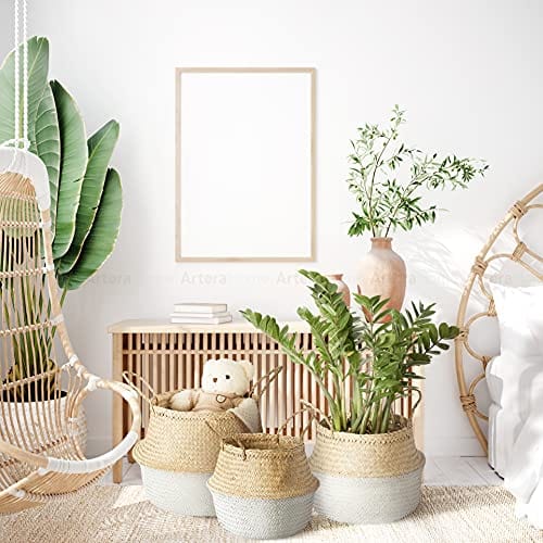 Woven Seagrass Plant Basket XXL - Natural and White - Indoor Planter Pot with Plastic Liner and Handles - Eco-Friendly Storage