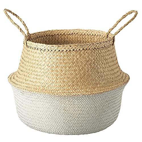 Woven Seagrass Plant Basket XXL - Natural and White - Indoor Planter Pot with Plastic Liner and Handles - Eco-Friendly Storage