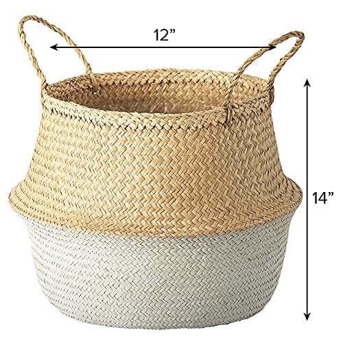 Woven Seagrass Plant Basket XXL - Natural and White - Indoor Planter Pot with Plastic Liner and Handles - Eco-Friendly Storage