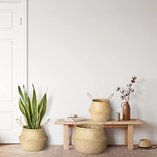 XXL Woven Seagrass Plant Basket - Natural-Beige - Indoor Planter Pot with Plastic Liner and Handles - Eco-Friendly Storage for Fiddle Leaf Fig, Snake Plant, and Monstera - Stylish and Multipurpose Home Solution